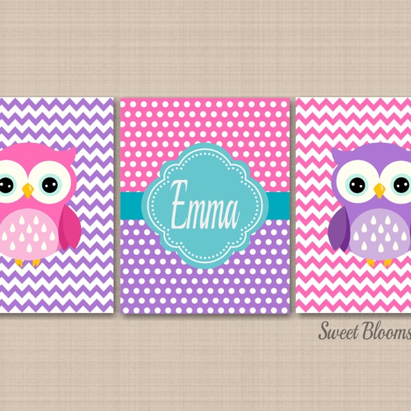 Owls Nursery Decor Purple Pink Teal Baby Girl Bedroom Decor Polka Dots Chevron Name Monogram Sisters Twins Polkadots PRINTS or CANVAS C402