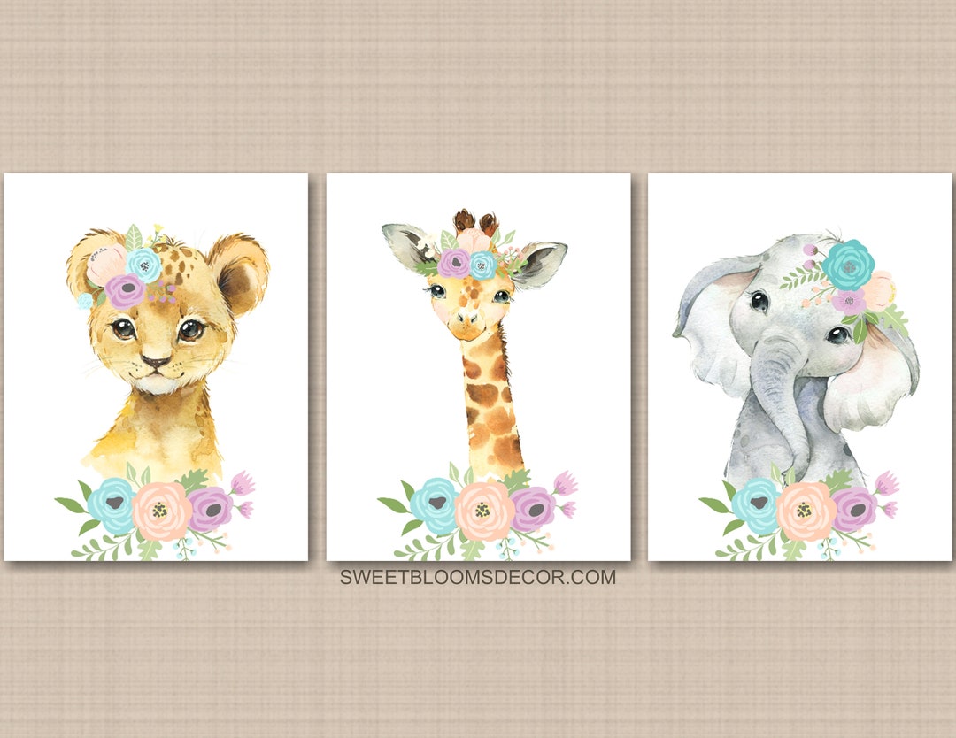 Safari Animals Girl Floral Nursery Wall Art Watercolor Purple Lavender ...
