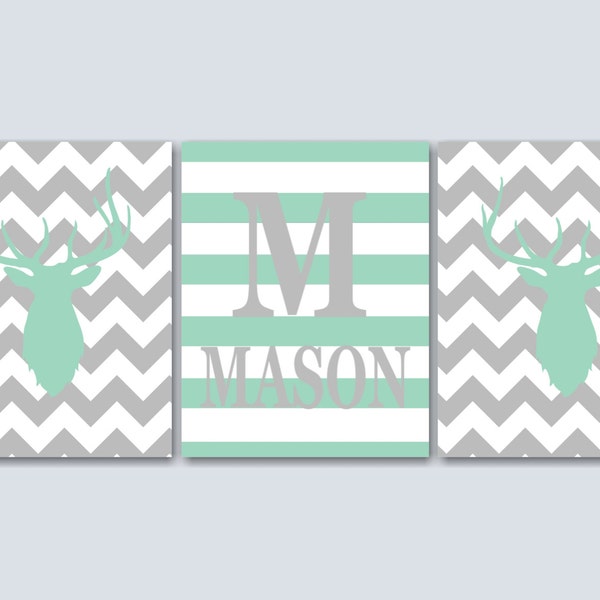 Deer Antlers Nursery Wall Art Mint Green Gray Chevron Stripes Name Monogram Baby Boy Bedroom Decor BAby Showr Gift PRINTS or CANVAS C126