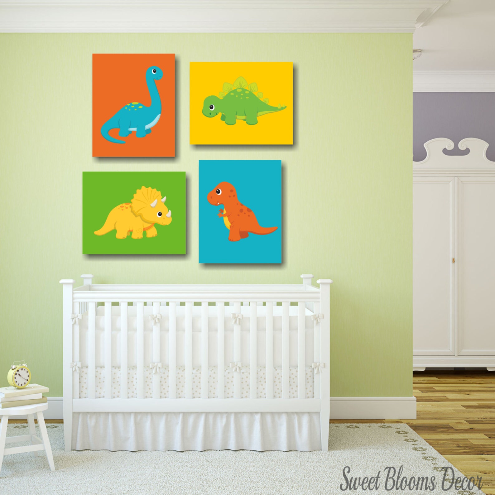 Dinosaurs Nursery Wall Art Teal Blue Green Orange Yellow Baby Etsy