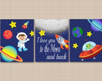 Space Kids Nursery Wall Art Out of This World Astronaut Outerspace Rockets Planets I Love You To The Moon And Back PRINTS or CANVAS C291