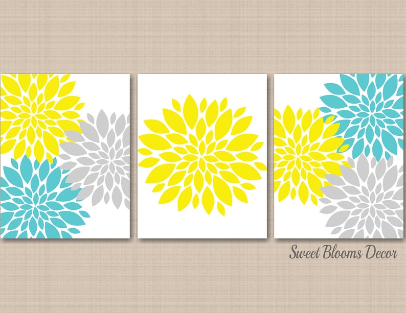 Yellow Gray Teal Floral Wall Art Yellow Gray Aqua Wall Decor Etsy