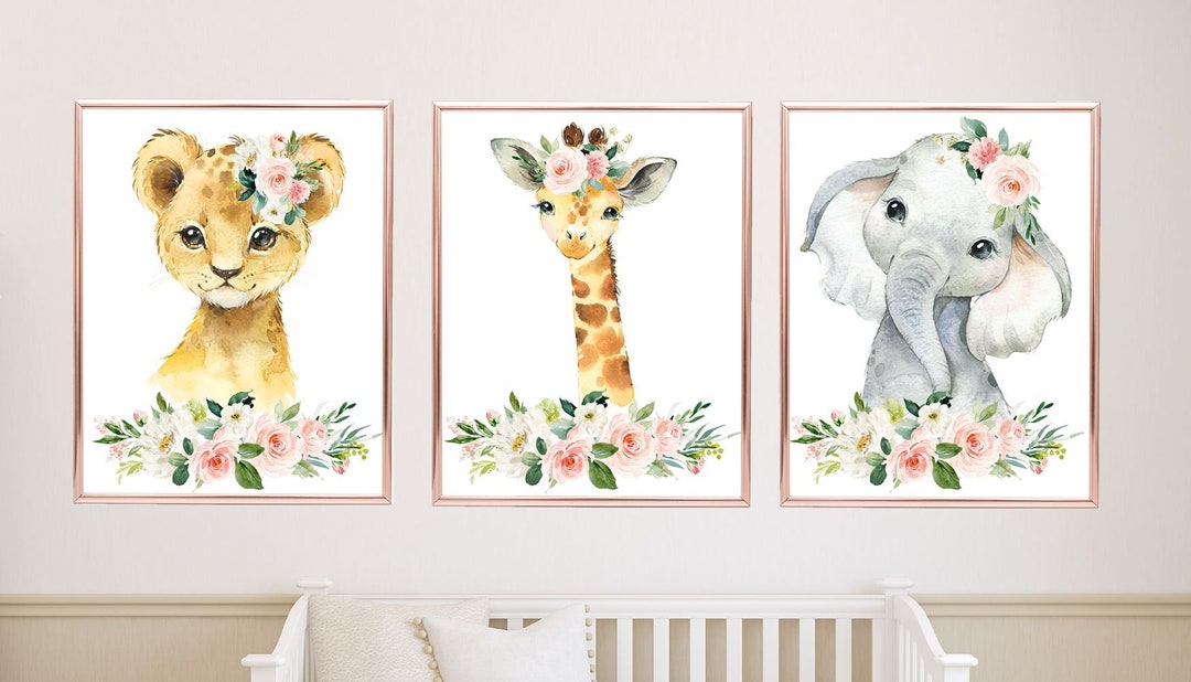 Animals Nursery Wall Art Watercolor Girl Blush Pink Coral Roses Floral ...