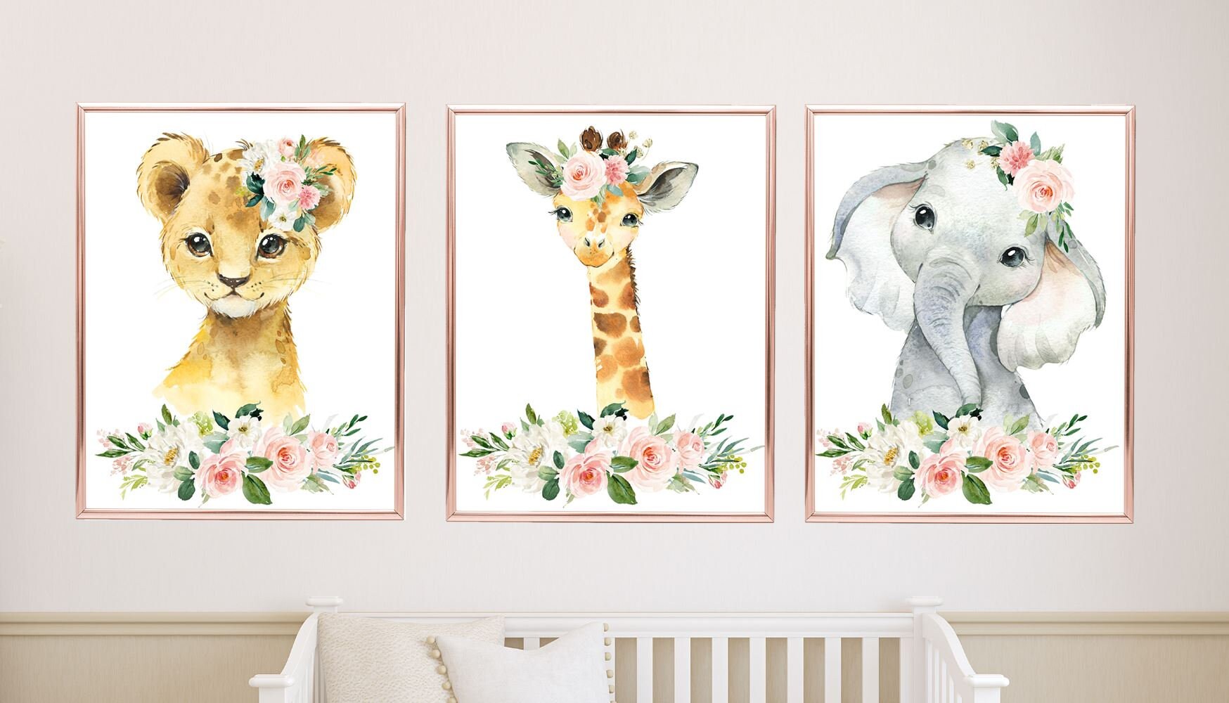 Animals Nursery Wall Art Watercolor Girl Blush Pink Coral Roses Floral ...