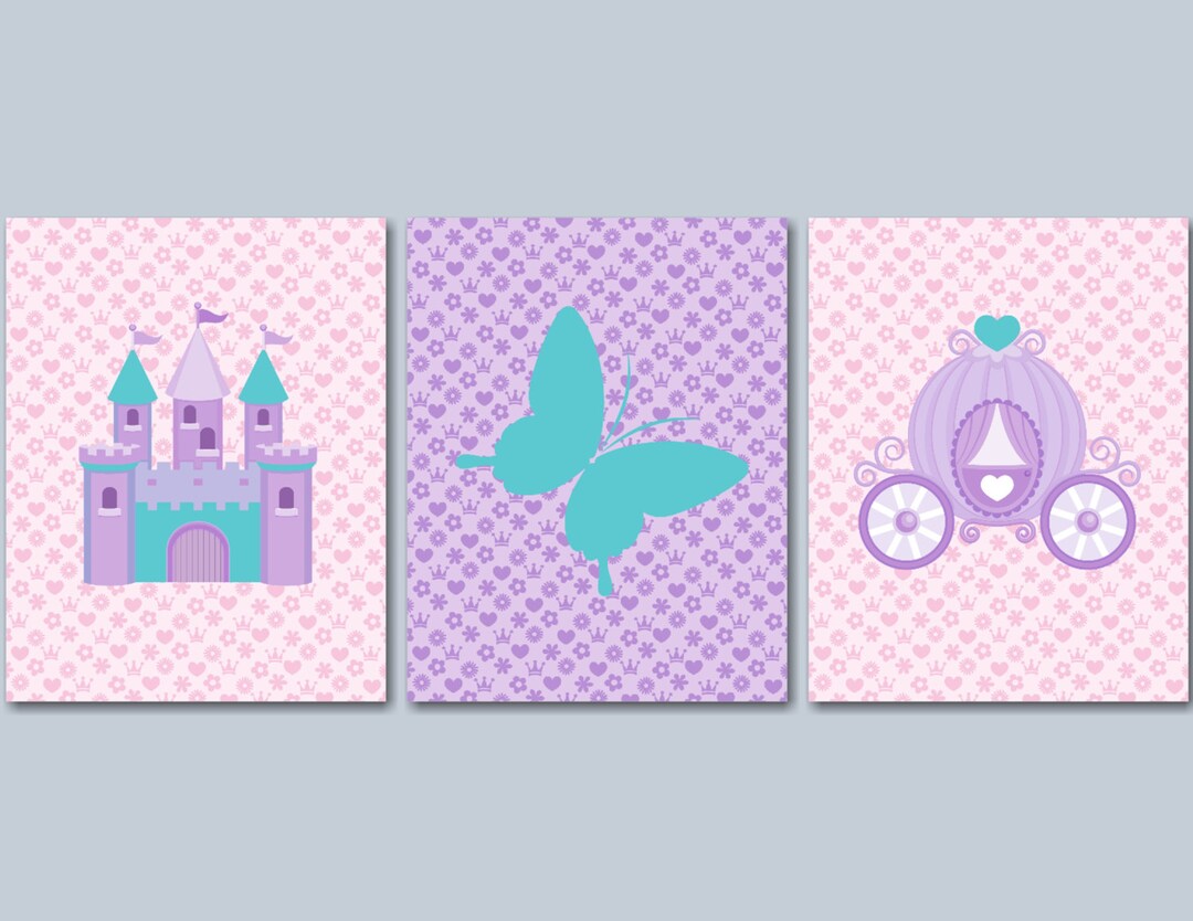 Princess Wall Art Purple Pink Teal Princess Butterflies Castle Etsy