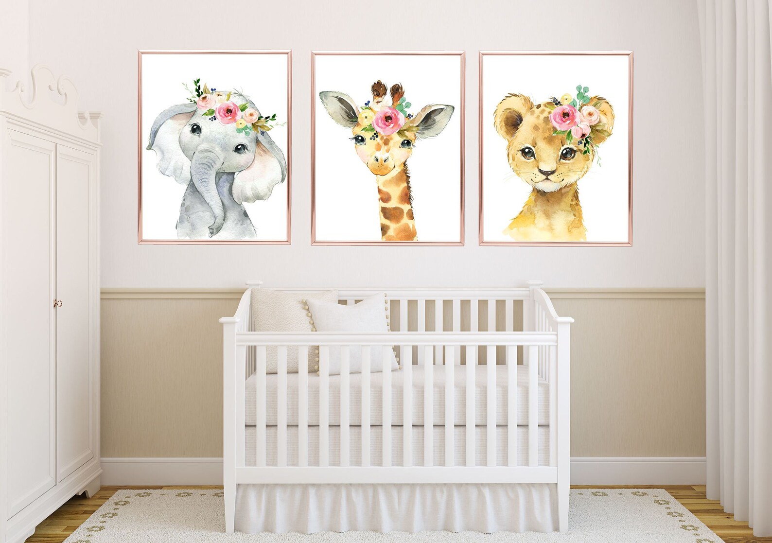 Safari Animals Girl Nursery Wall Art Watercolor Pink Coral Mint Floral ...