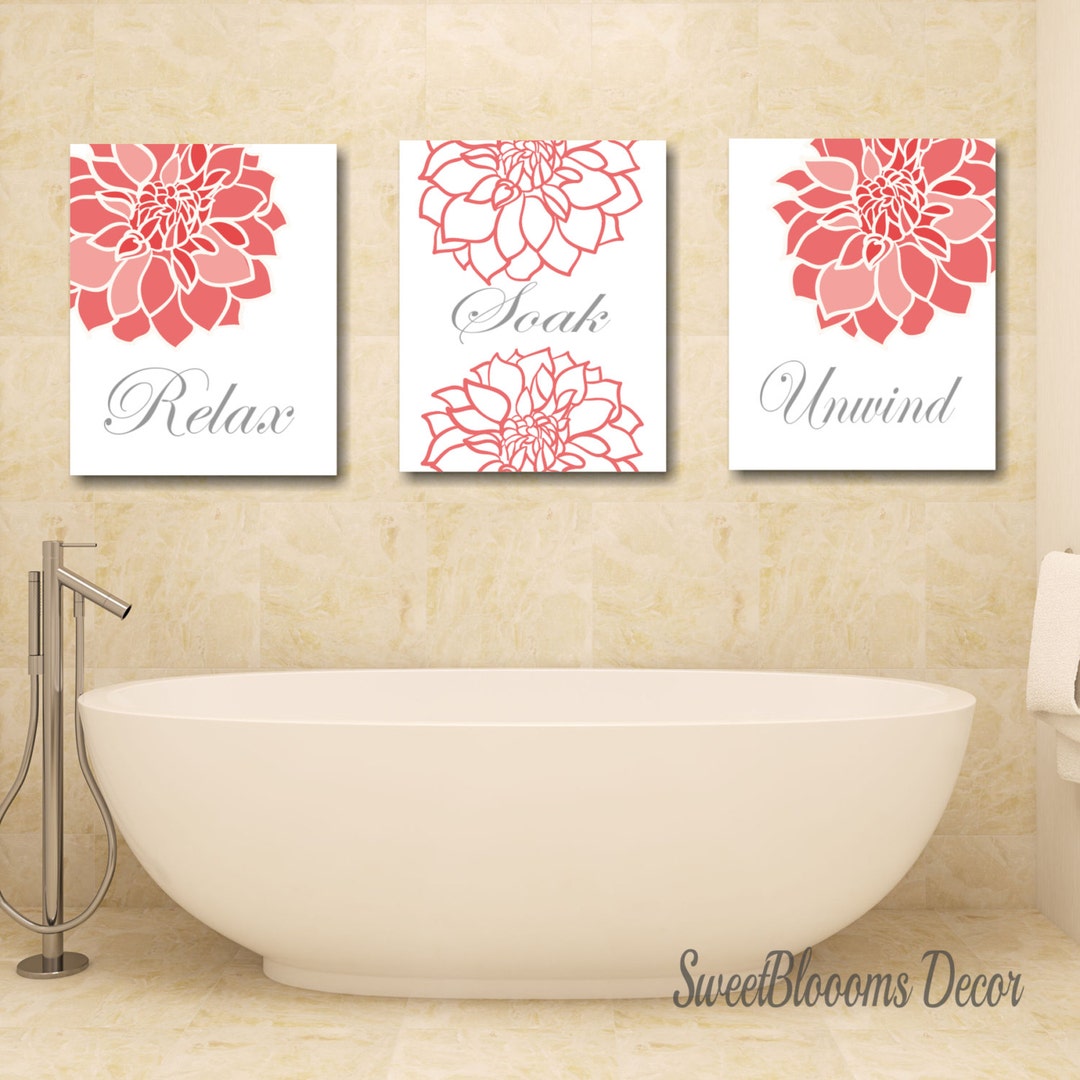 Coral Bathroom Decorcoral Gray Bathroom Wall Artcoral Gray Etsy