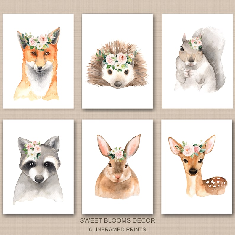 Woodland Animals Girl Nursery Wall Art Watercolor Pink Coral Etsy