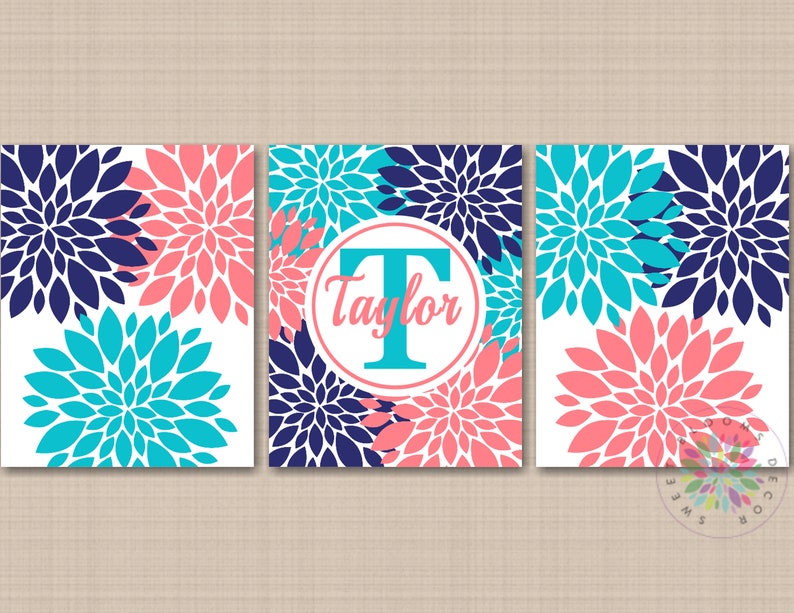 Floral Nursery Wall Art Coral Navy Turquoise Girl Bedroom Decor Teal Aqua Coral Turquoise Wall Art Aqua Coral Teal Bathroom Unframed C748