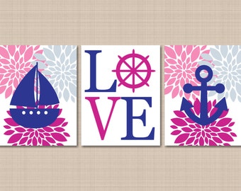 Nautical Girl Nursery Wall Art Pink Magenta Navy Blue Floral Flowers Boat Anchor Love Bedroom Decor UNFRAMED PRINTS or CANVASC203