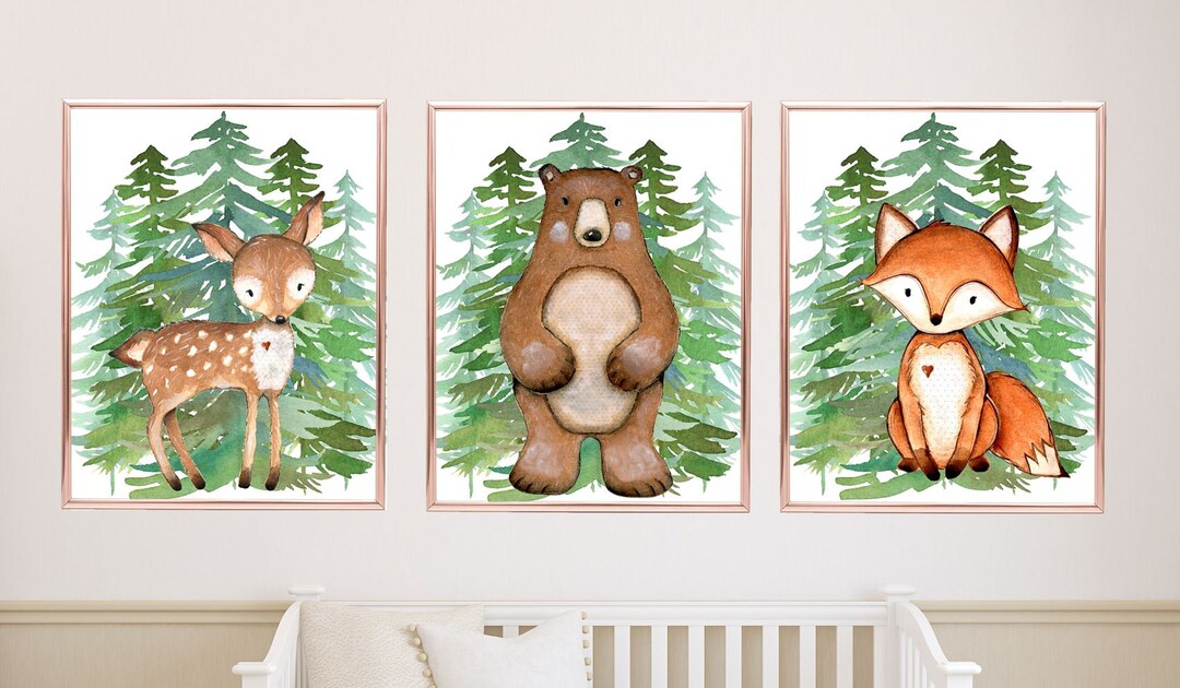 Woodland Animals Nursery Wall Art Deer Fox Bear Trees Leaves Baby Boy ...