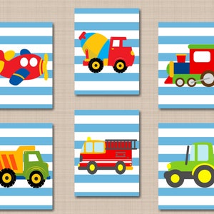 Transportation Nursery Wall Art Decor Kids Wall Art Blue Stripes Planes Train Fire Truck Dump Truck Mixer Construction Boy Room  C730