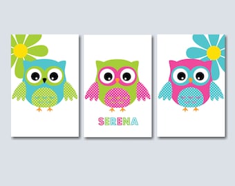 Owls  Nursery Wall Art Flowers Floral Pink Teal Green Name Monogram Girl Kids Bedroom Decor PRINTS or CANVAS C214