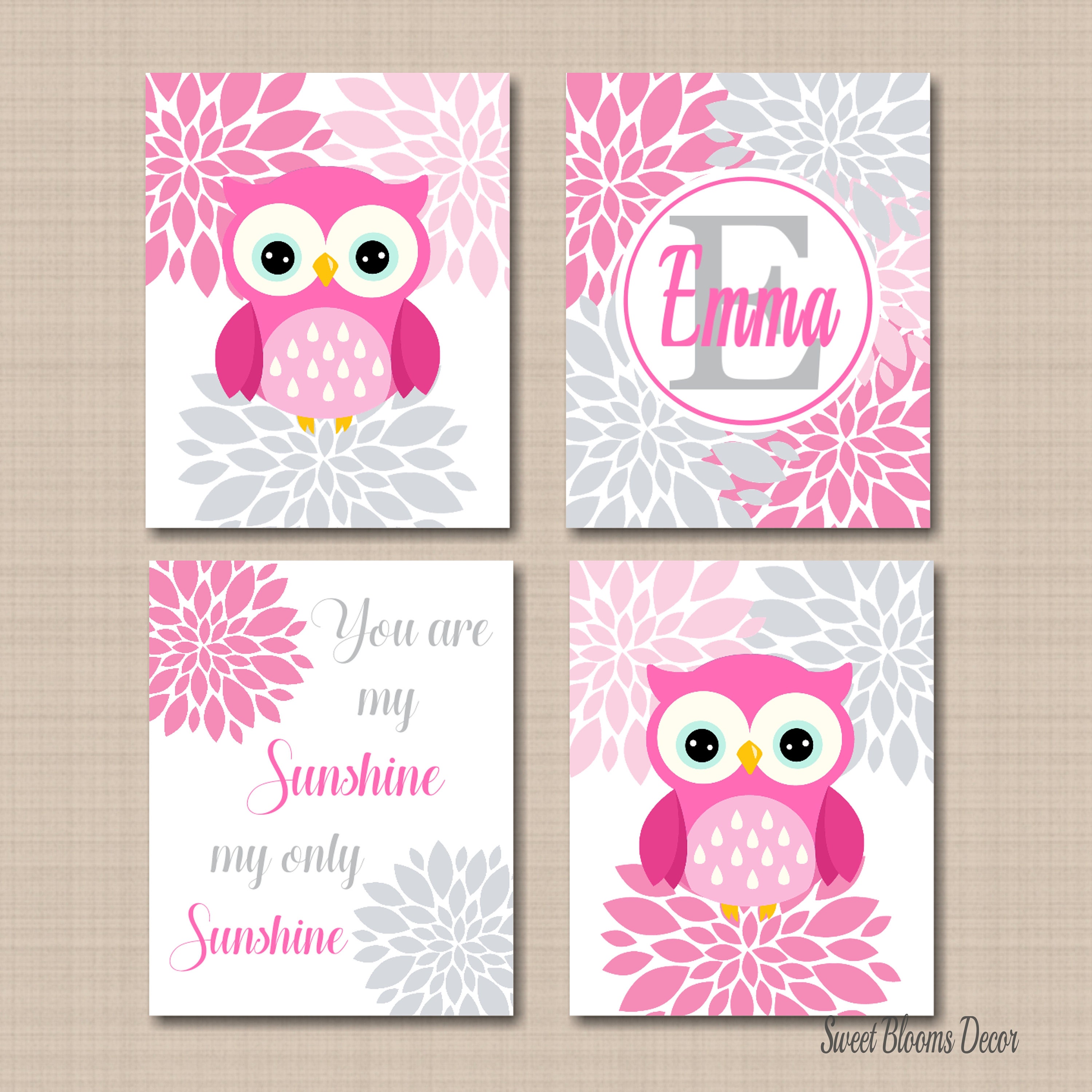 Pink Gray Owls Nursery Wall Art Floral Baby Girl Bedroom Decor Flowers You Are My Sunshine Shower Gi