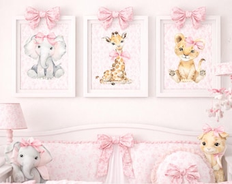 Safari Animals Pink Bows Nursery Wall Art, Pink Toile Coquette Girl Bedroom Decor PRINTS OR CANVAS C1037