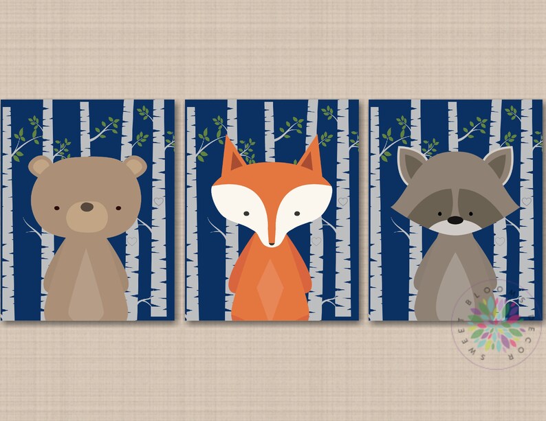 Woodland Nursery Wall Art Navy Blue Gray Birch Trees Modern Etsy