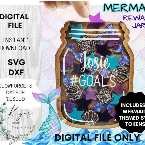 Reward Jar SVG with Tokens Mermaid Theme Chore Chart Gifts for Kids Custom Engrave Goal jar for fridge Personalized