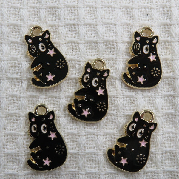 5 Pendentifs chat noir étoile métal émaillé 20mm, ensemble de 5 breloque patte de chat, fabrication bijoux DIY