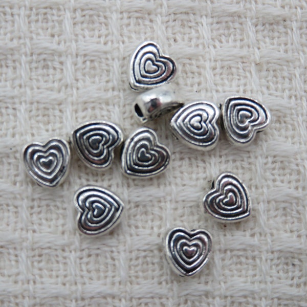 10 Perles cœur gravé spirale 6mm métal argenté vieilli, ensemble de 10 perles coeur pour fabrication bijoux