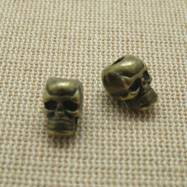 2 Perles crane bronze 10mm en métal, Ensemble de 2 perle tête de mort, bracelet rock cheveux et barbe dreadlocks