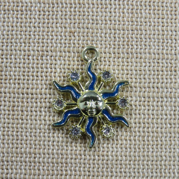 Pendentif soleil doré émaillé bleu et strass 24mm, breloque pour création bijoux DIY