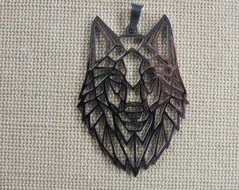 Pendentif tête de loup ajouré acier inoxydable argenté 50mm avec bélière