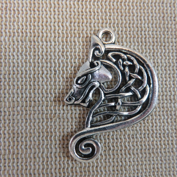 Pendentif loup nœud celtique métal argenté vieilli 35mm - grande breloque pour fabrication bijoux collier