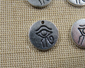 4 Pendentif œil d'Horus argenté égyptien rond 14mm en métal, ensemble de 4 breloque hiéroglyphe, fabrication bijoux DIY