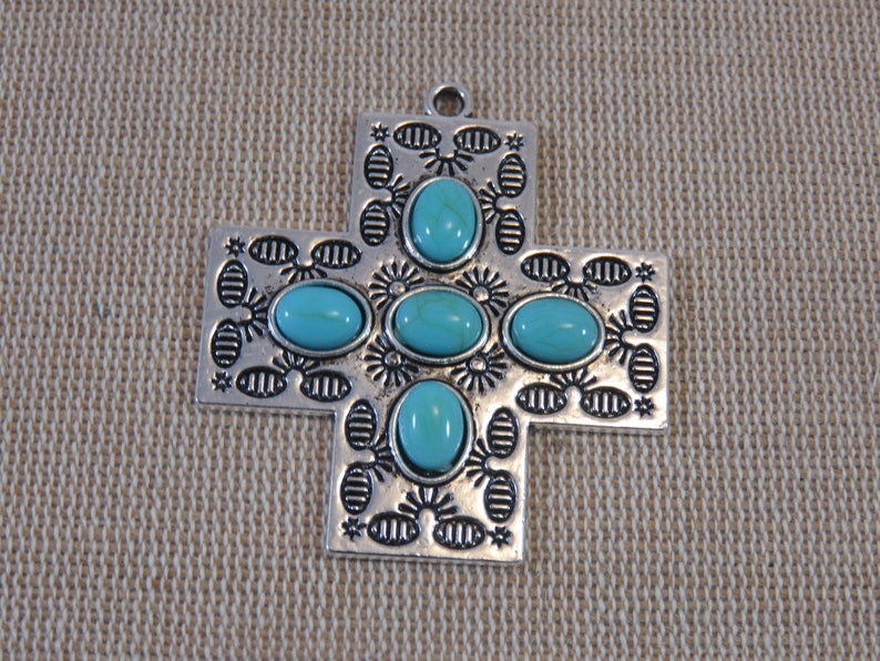 silver-colored metal pendant for making jewelry 47mm boho boho blue cabochon pendant