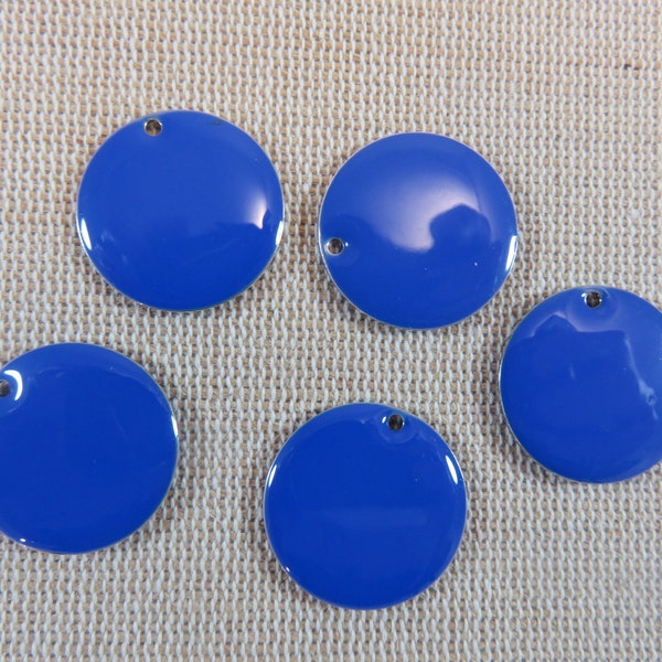 5 Breloques sequin round sapphire blue 20mm enamelled copper - set of 5 pendants