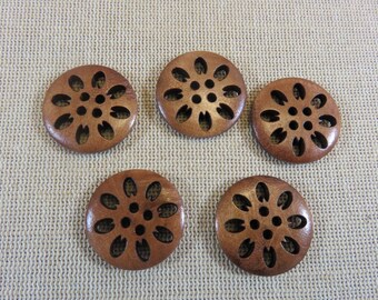 5 Boutons en bois fleur découpe pétale marron 25mm, ensemble de 5 bouton de couture