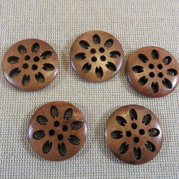 5 Boutons en bois fleur découpe pétale marron 25mm, ensemble de 5 bouton de couture
