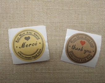 25 selbstklebende Etiketten „Thank you Handmade with Love“ mit Herz – Set mit 25 runden Aufklebern 25 mm