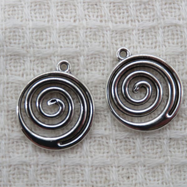 Pendentifs spiral rond argenté 20mm en métal, ensemble de 2 breloques pour fabrication bijoux