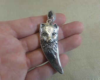 Wolf head pendant aged silver metal 74mm fang engraved wolf with bail