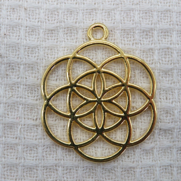 Pendentif graine fleur de vie 42mm en métal,  breloque merkaba méditation zen pour fabrication bijoux