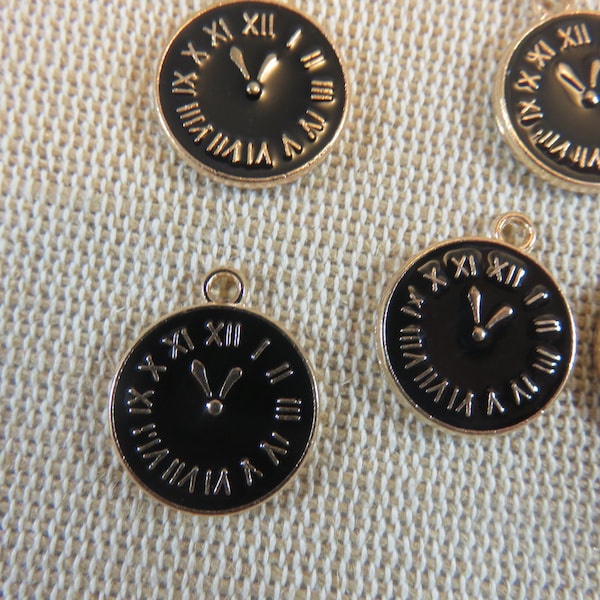 5 Breloques Horloge noir métal émaillé 17mm, ensemble de 5 pendentifs cadran montre, fabrication bijoux DIY