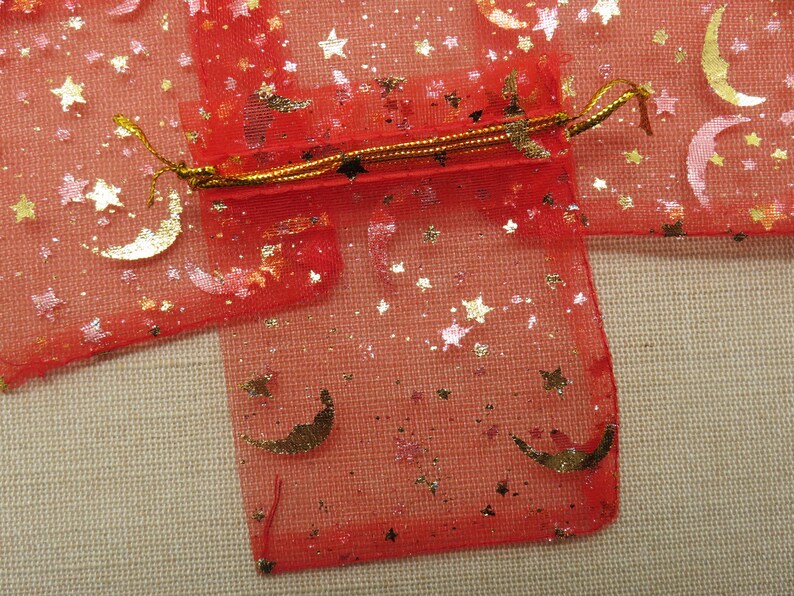 10 Sachets organza imprimé lune étoiles doré 9cmx7cm ensemble de 10 sac pour emballage cadeaux noël anniversaire Rouge