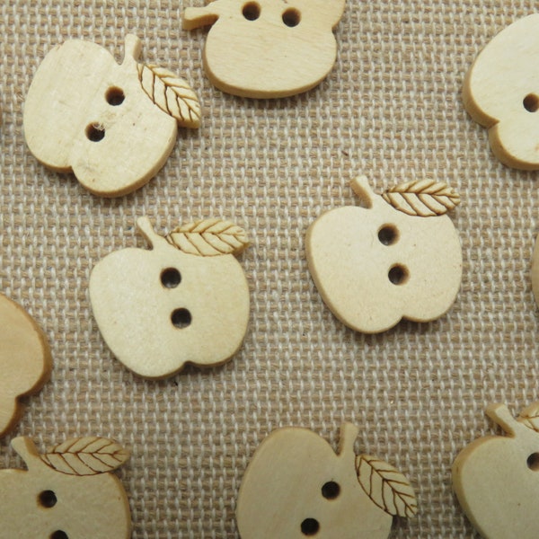 10 Boutons en bois Pomme 15mm naturelle, Ensemble de 10 bouton de couture, fruit d'été, scrapbooking