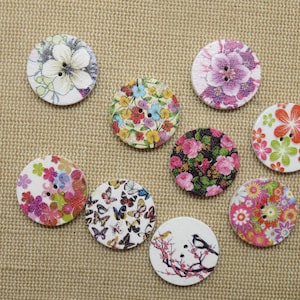 10 Boutons bois fleurs 20mm imprimé multicolore ensemble de 10 boutons de couture image 2
