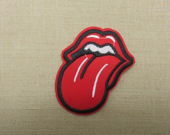 Red tongue out iron-on patch for Rocker, embroidered crest applied to iron out tongue out