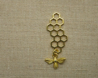 Golden honeycomb pendant with honey bee charm, DIY necklace jewelry making