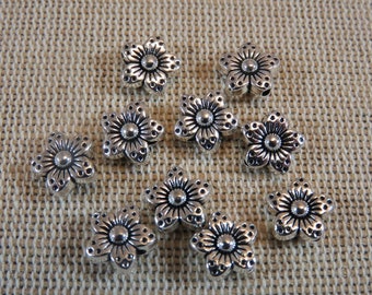 10 Perles fleur argenté 9mm en métal bijoux nature, ensemble de 10 perle, création bijoux DIY