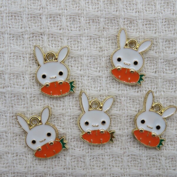 5 Pendentif lapin kawaii carotte métal émaillé, ensemble de 5 breloque animal, fabrication bijoux DIY