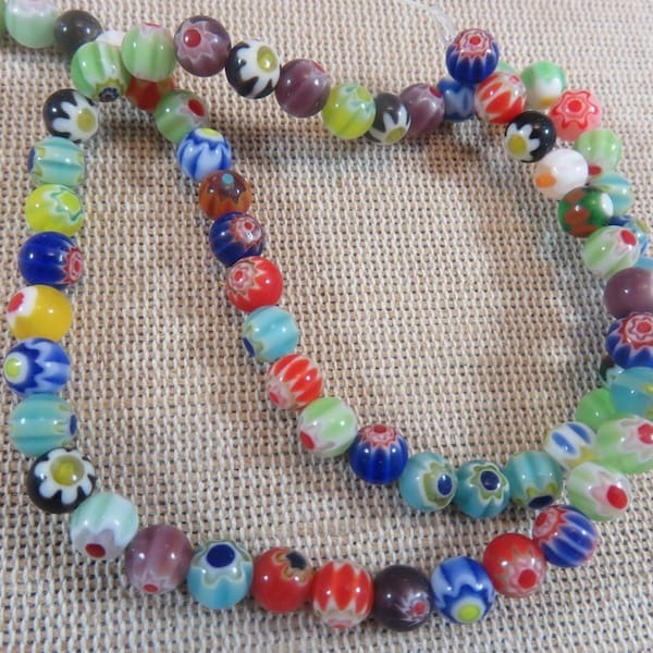 20 Perles verre fleuri lampwork 6mm ronde Hippie - ensemble de 20 perles multicolore pour fabrication bijoux bohème