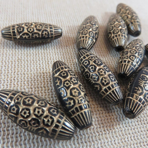 10 Perles ovale gravé fleur noir et or 23x9mm en acrylique - ensemble de 10 grande perles pour fabrication bijoux