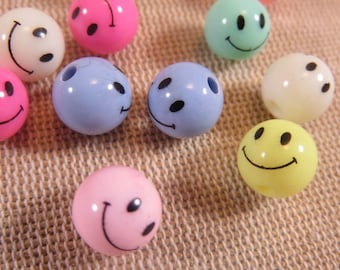 10 Perles Smile acrylique multicolore 8mm 10mm 12mm ronde - ensemble de 10 perles pour fabrication bijoux