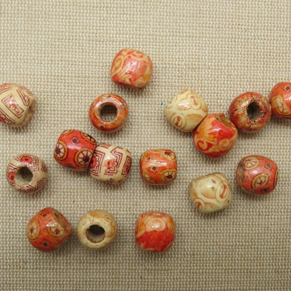 10 Multicolored wooden barrel beads 12mm, set of 10 large hole beads, DIY jewelry making