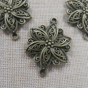 3 Arabesque bronze metal flower connector pendants - set of 3 charms for jewelry making