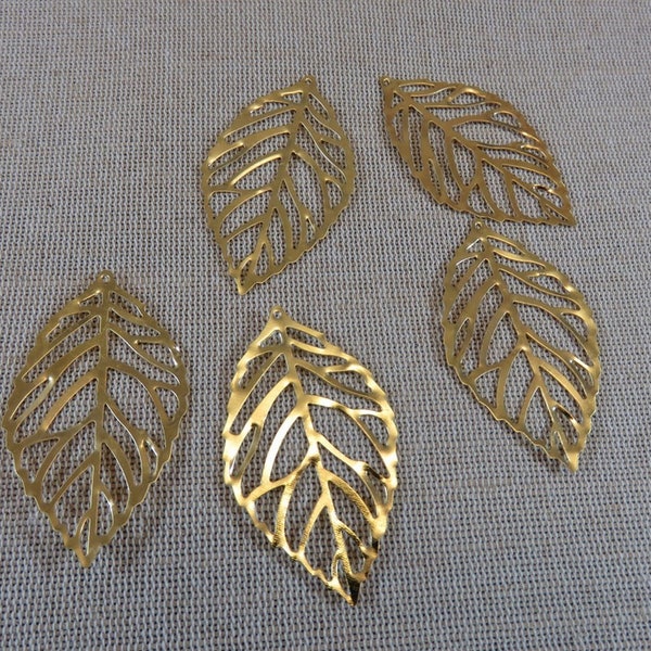 4 Pendentifs feuille filigrané doré ou bronze en métal bijoux nature, ensemble de 4 breloque création DIY